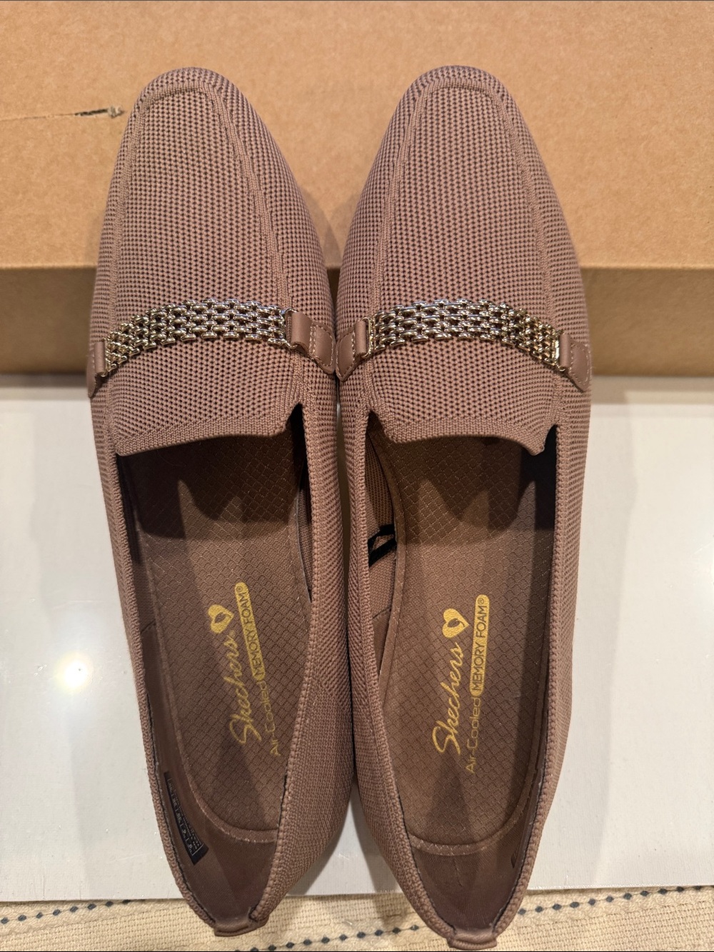 Women’s Skechers Slip-On Knit Loafers with Metallic Chain in Mauve-Size 9